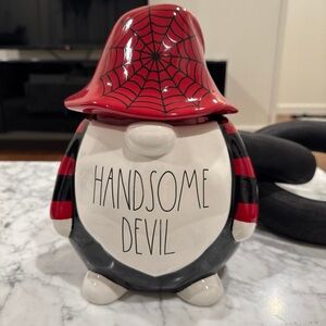 Rae Dunn HANDSOME DEVIL Gnome Large Canister Red, Black, & White Glazed Ceramic